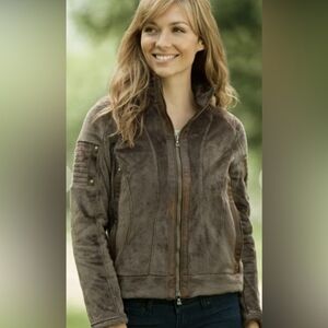 KUHL Moto Vation Full Zip Dark Brown Sherpa Fleece Brown Leather Jacket Small